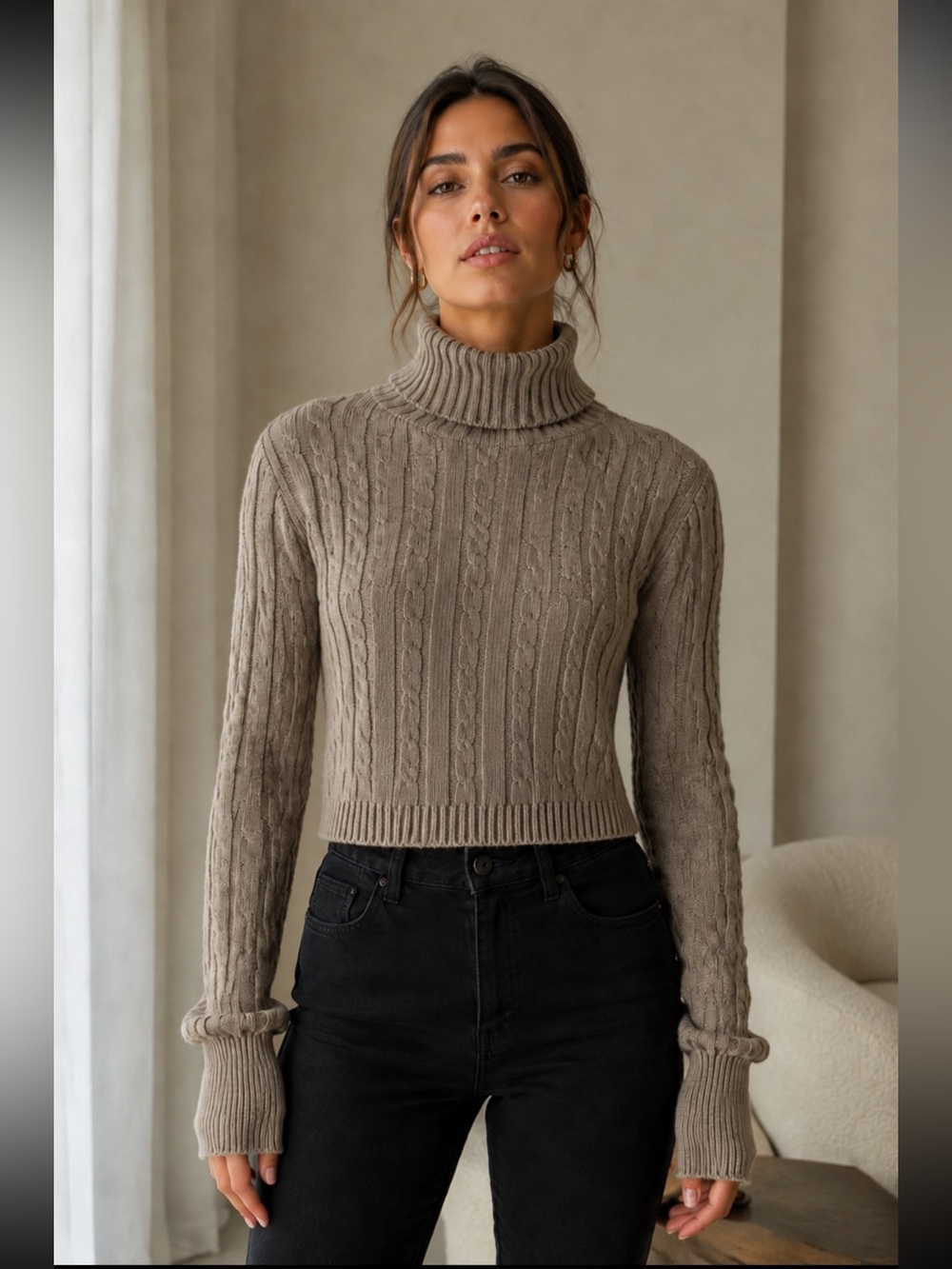 ANWND Womens Small Taupe Cable Knit Turtleneck Super Cropped Shrug Sweater